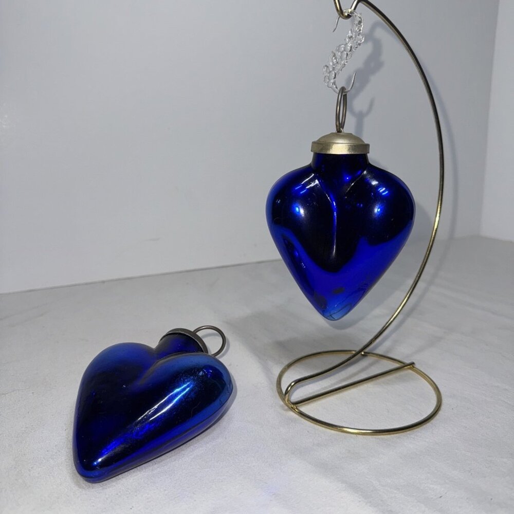 Vintage Kugel Cobalt Blue Glass Heart Christmas Ornaments Lot Of 2
